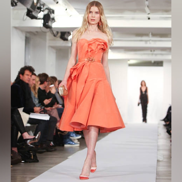 °$4,800 OSCAR DE LA RENTA RUNWAY ORANGE SALMON RUFFLE SILK MIDI DRESS US XL - Picture 1 of 16